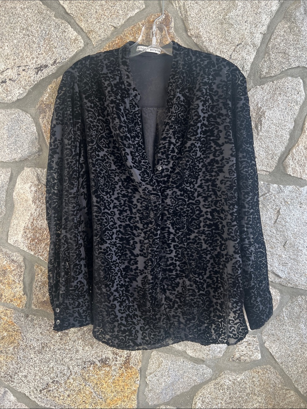 Alice + Olivia Black Burnout Velvet Long-Sleeve Blouse